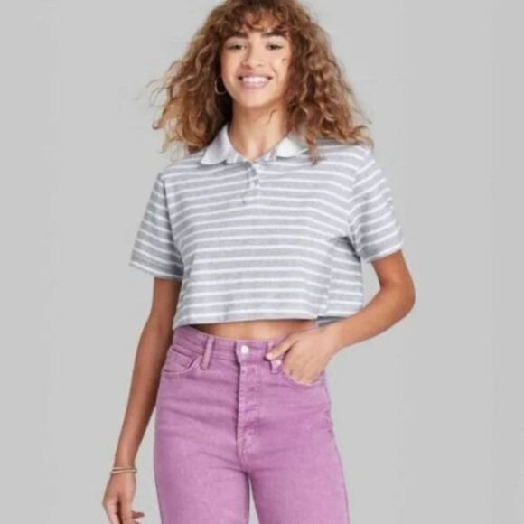Womens Short Sleeve Boxy Cropped Polo T Shirt Wild Fable Gray Striped S - Picture 1 of 9